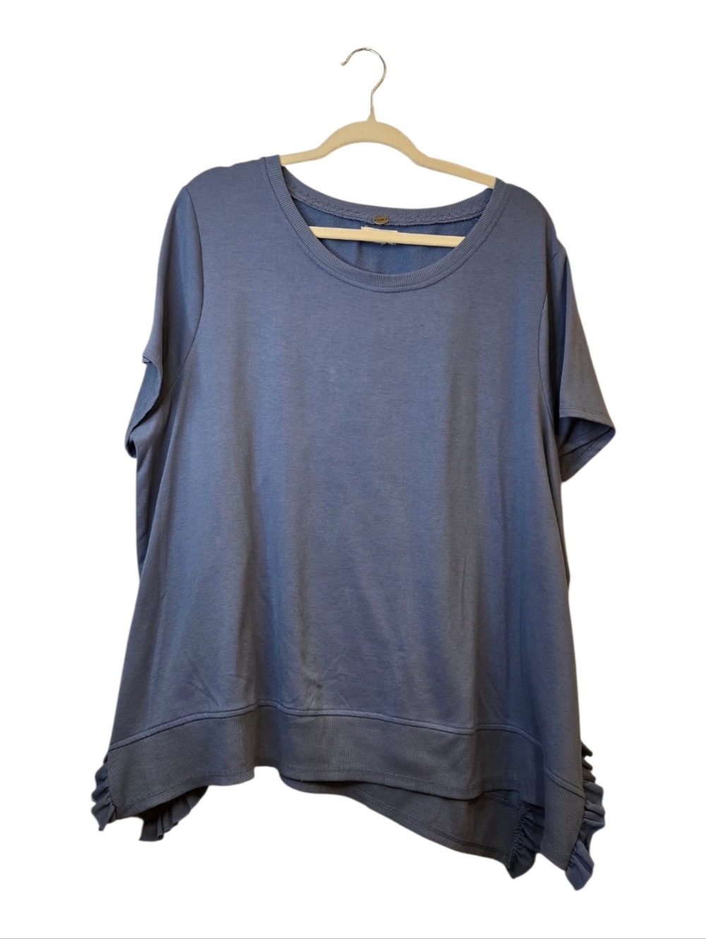 Cupio Women's Relaxed Slate Blue Short Sleeve Top with Ruffle Accents Size 3X